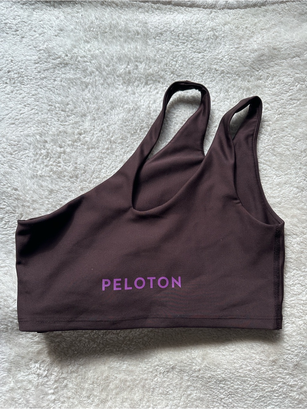 Peloton Women's Chestnut Brown one-Shoulder Sports Bra with Purple Logo